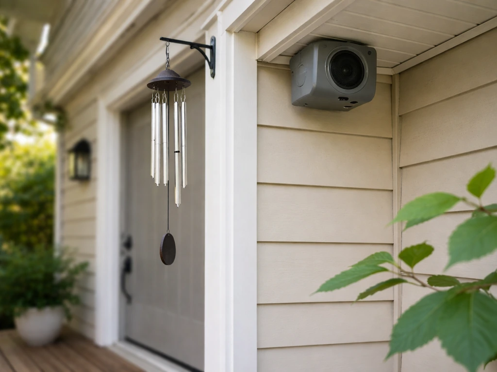 Wind chime near a porch entry with a compact ultrasonic bird repeller under the overhang.
