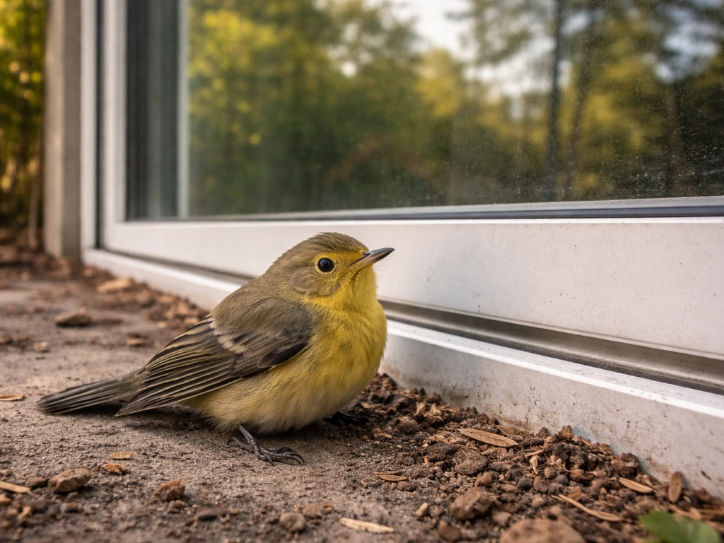 Small bird sitting near a home window glass after an apparent impact, outdoors in natural light.