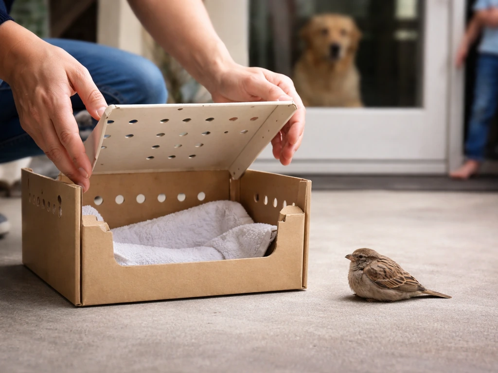 Person using a small box to safely contain a stunned bird while pets and kids stay back