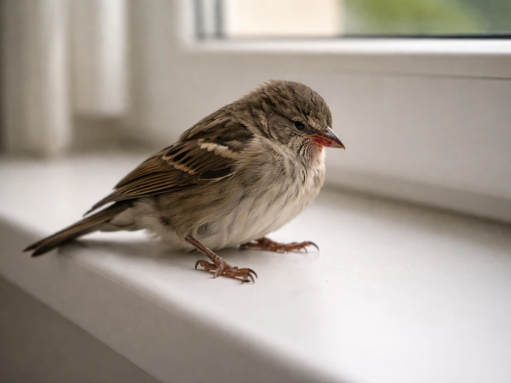Injured window-strike bird on a windowsill with closed eyes and visible blood at the beak.