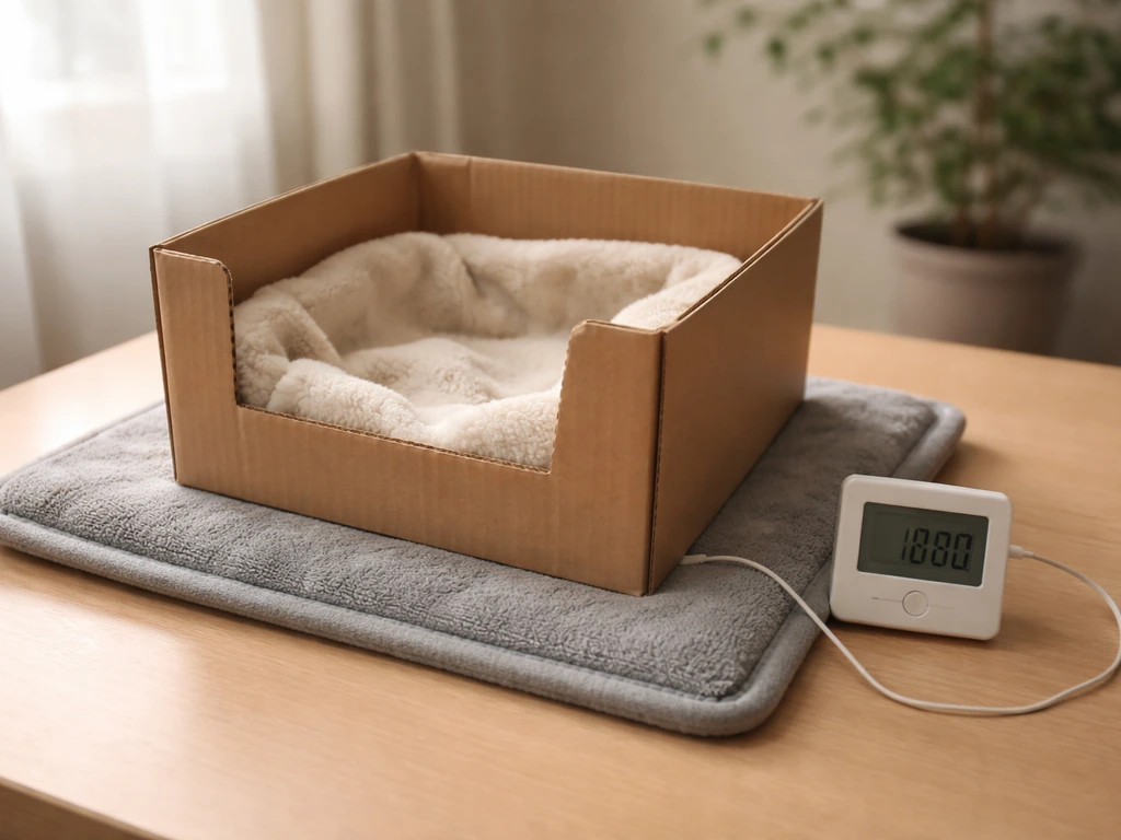 Bird recovery box on a low heating pad with a nearby thermometer to monitor warmth.