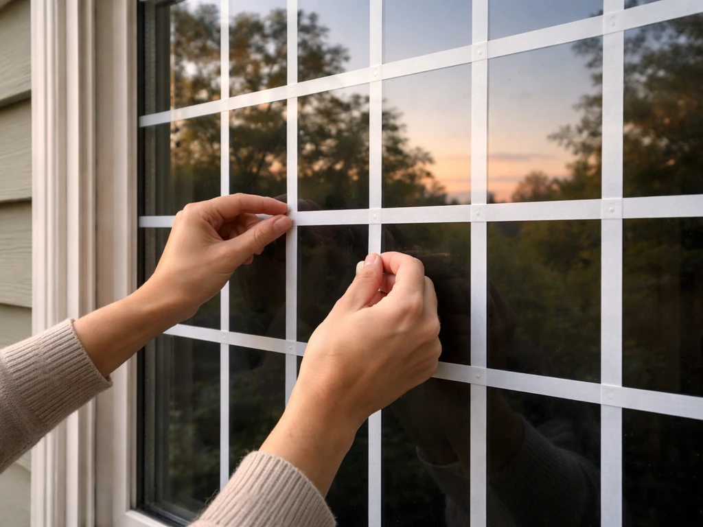 Hands applying bird-safe window tape in a neat grid pattern on an exterior glass window