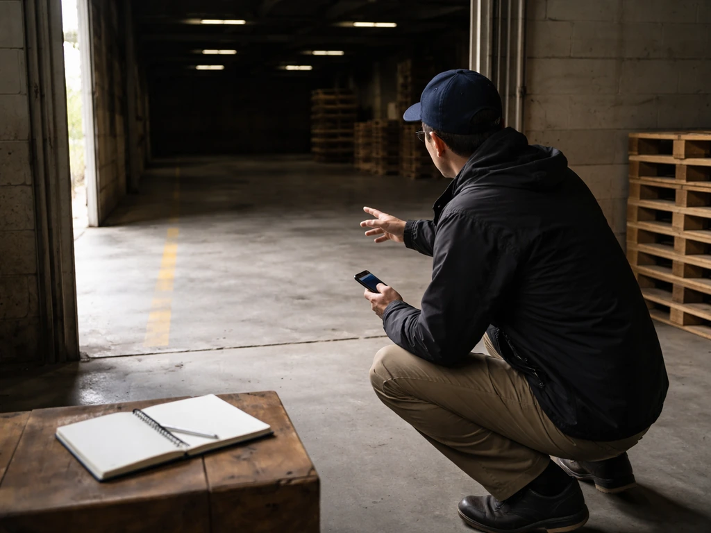 Anonymous person inspecting a warehouse doorway and interior for a bird incident using a phone and notebook.