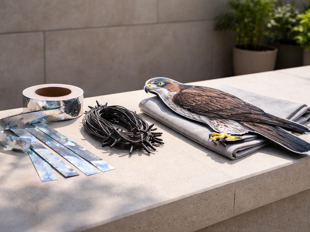 DIY bird deterrent materials—reflective tape, dome spike/cord, and a hawk decoy laid out on a ledge.