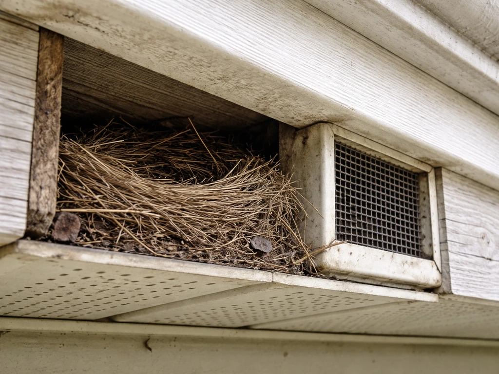 Close view of a bird nest tucked in an exterior vent soffit gap with an open entry area nearby.
