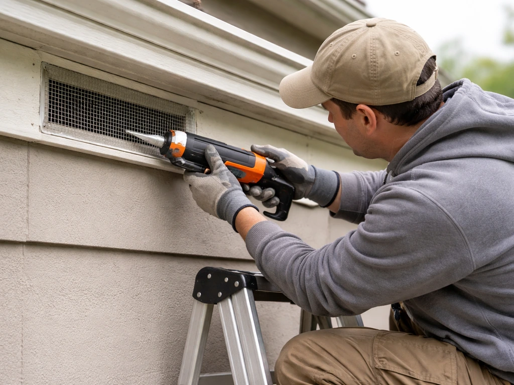 Person installing mesh and sealing an entry point on a building exterior while a bird perches nearby.