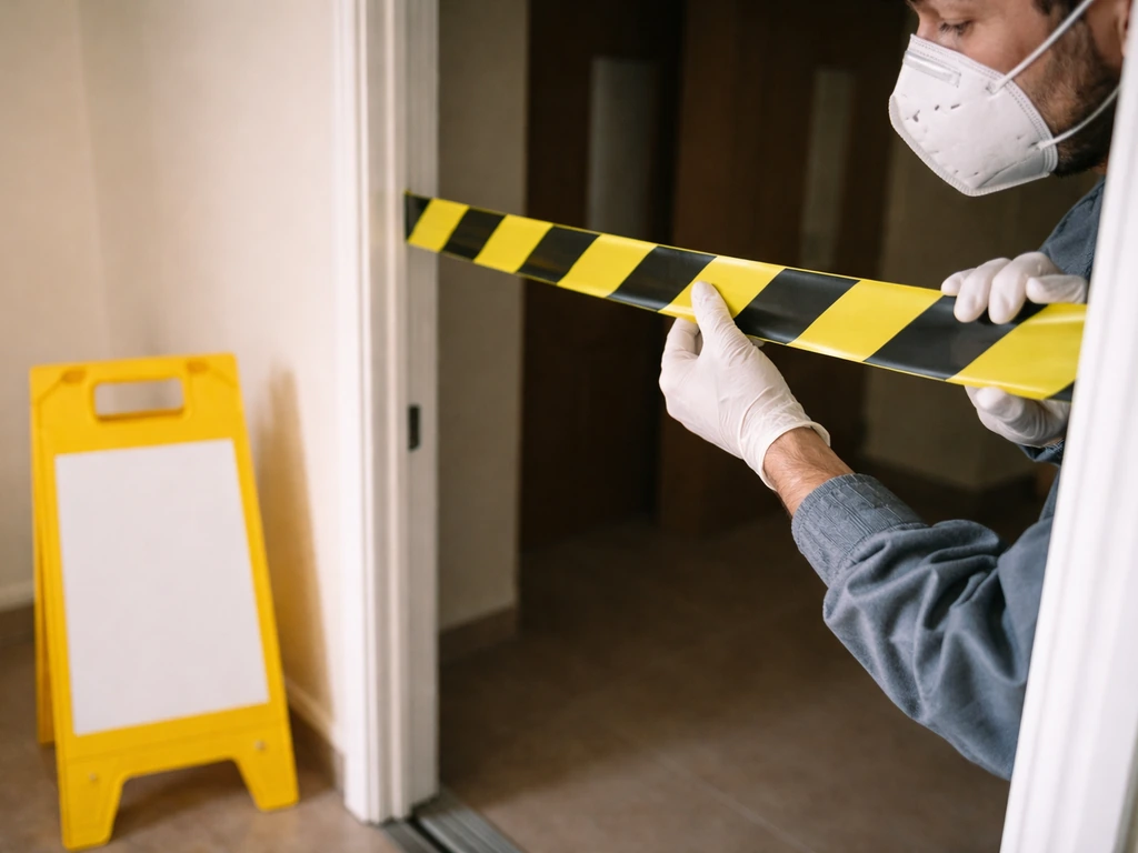 Person in PPE setting up a barrier around a room with cleanup signage before cleaning.