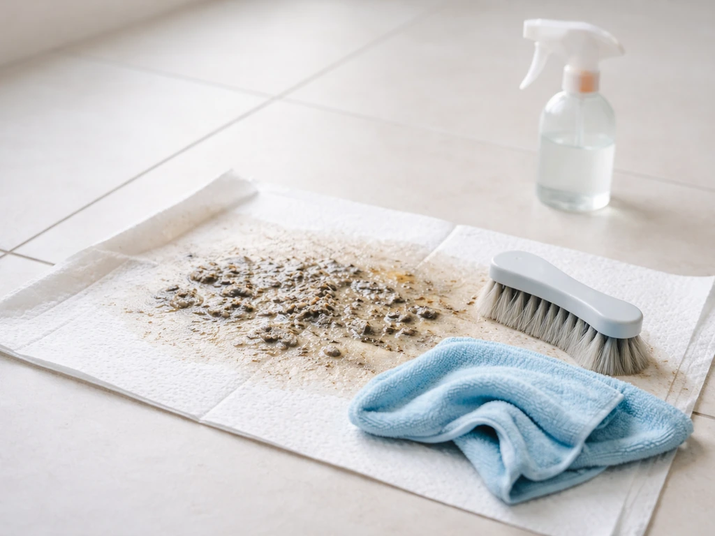 Wet-cleaning cloth and damp bird droppings on a small contained floor area, no dry sweeping.