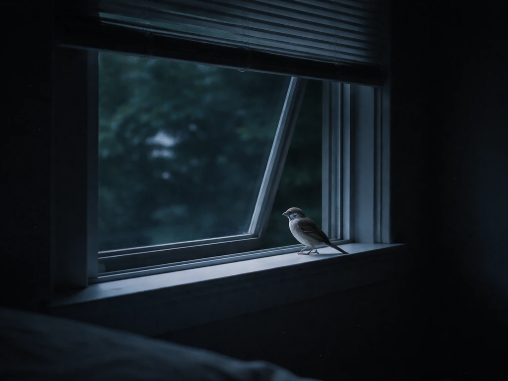 A single small bird perched near a darkened window with the screen removed, looking toward the open exit outdoors.