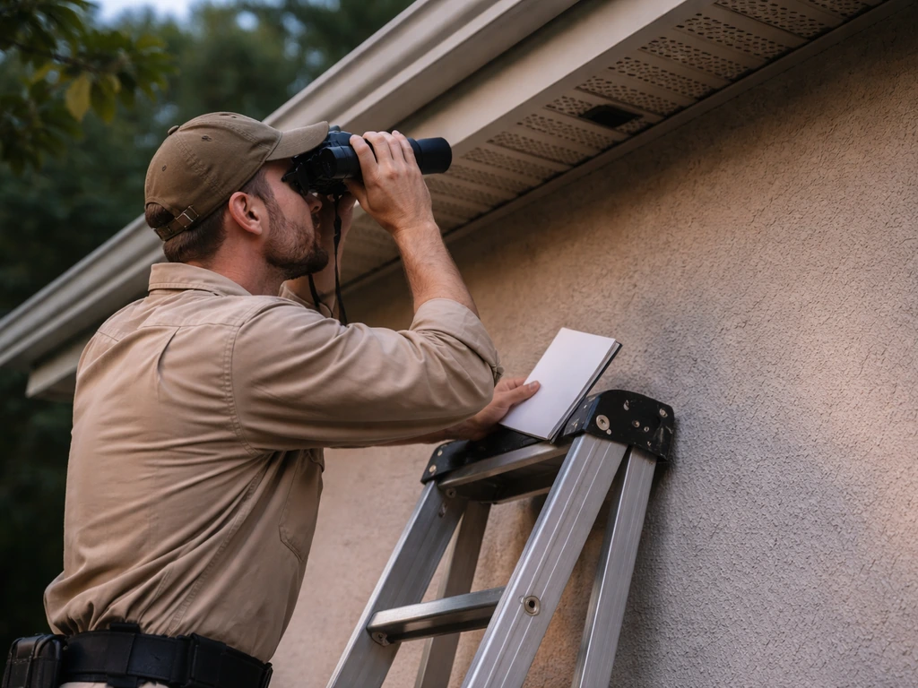 Technician with binoculars and blank notepad inspecting soffit/vent area near a roofline at dusk.