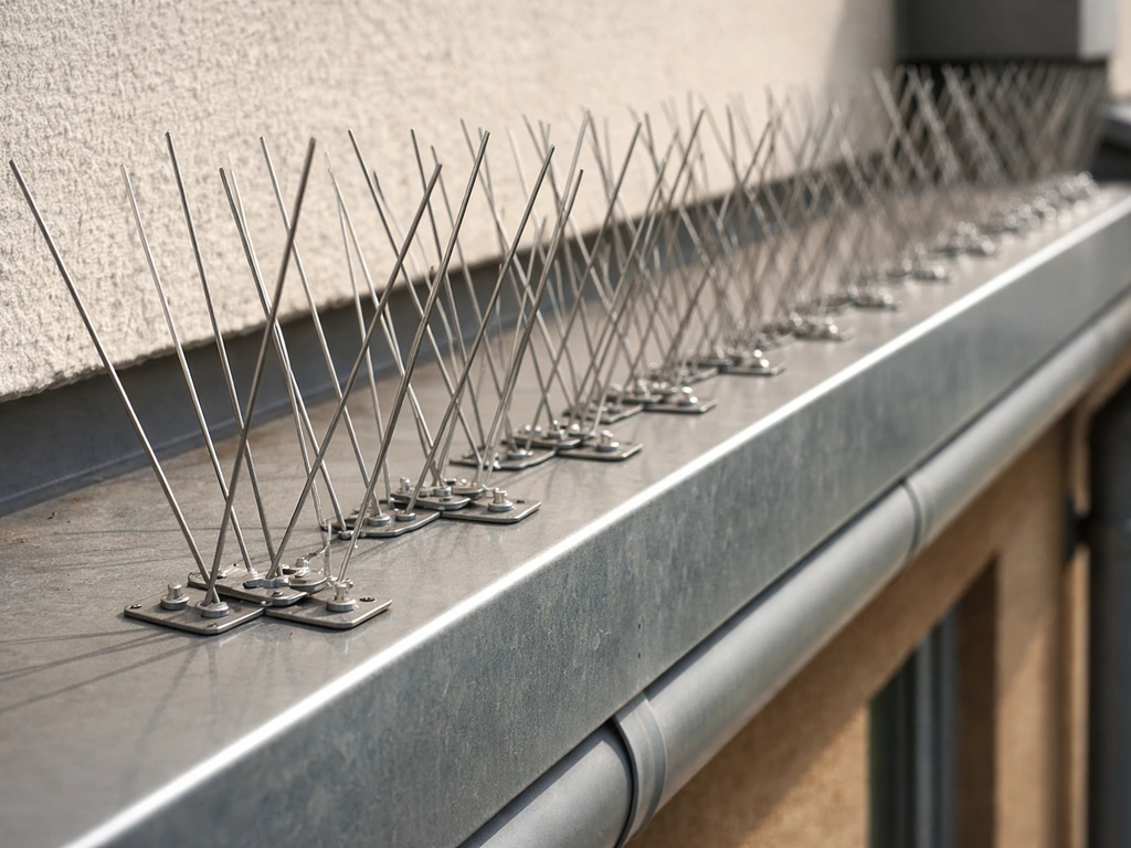 Close-up of stainless bird spikes mounted along a roof edge ledge with visible fasteners, no birds present.
