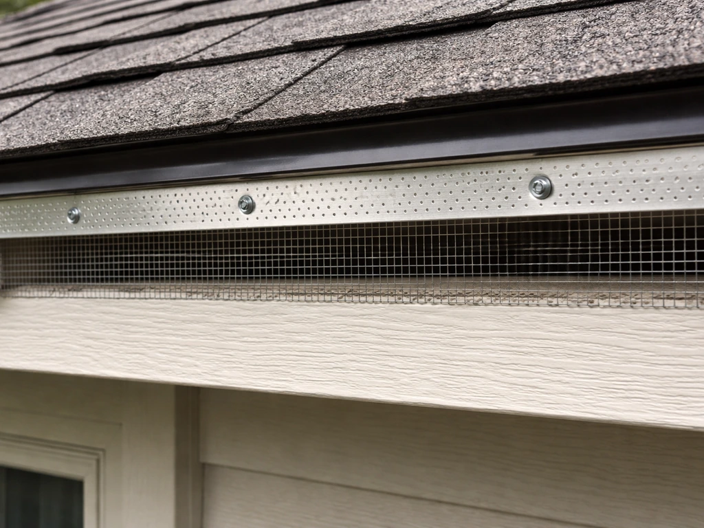 Close-up of a roof eave with bird-blocking material placed over an opening to prevent birds entering.