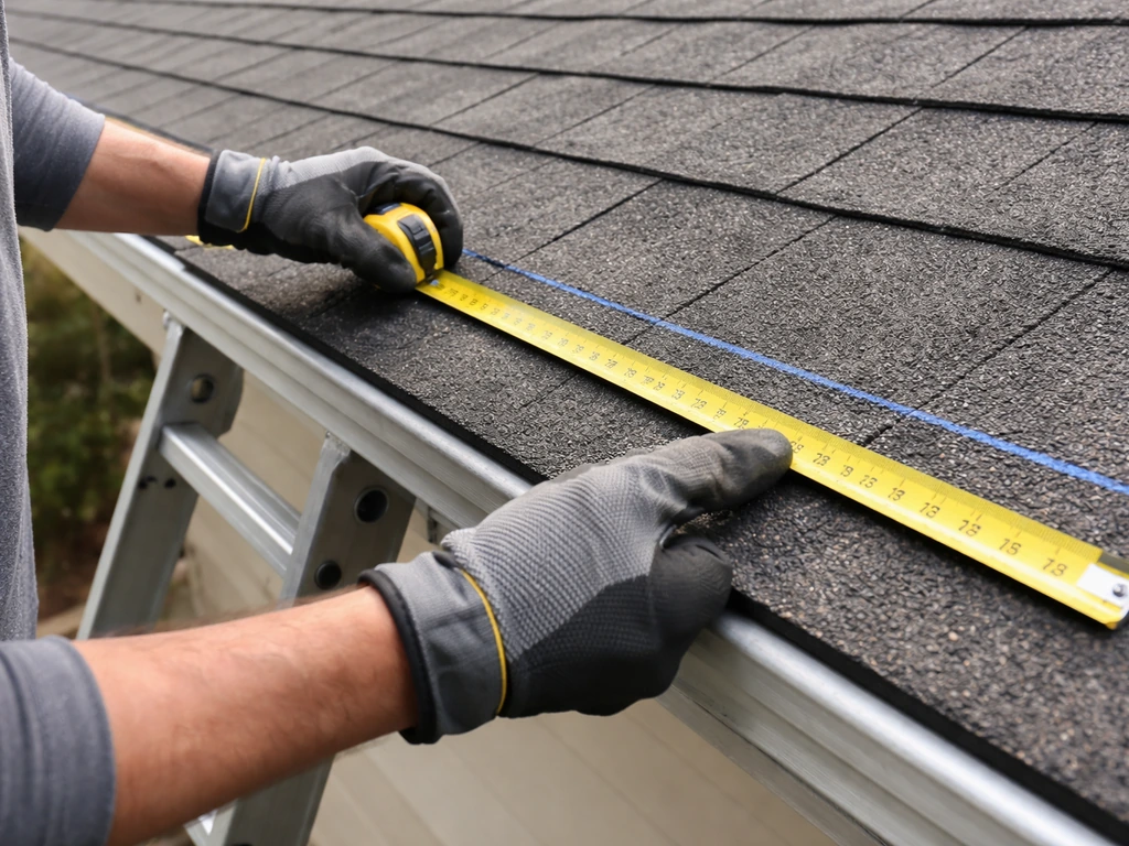 Person measuring and marking a roof edge with tape measure and chalk line before installing a bird stop.