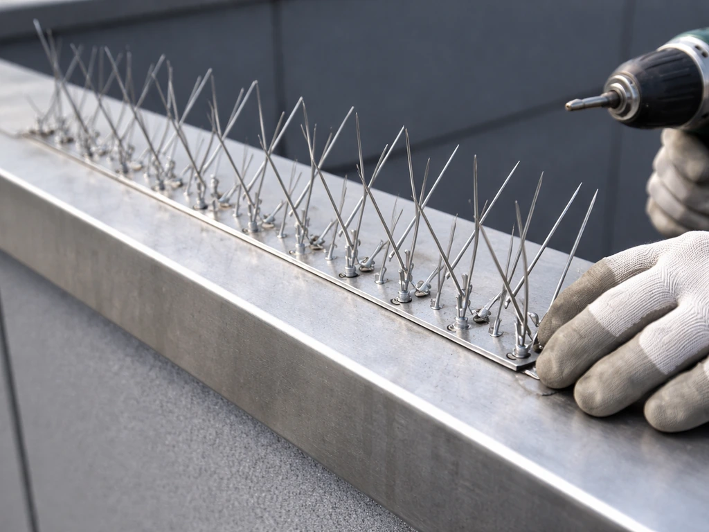 Close-up of a spike strip being fastened to a cleaned roof ledge with visible spacing