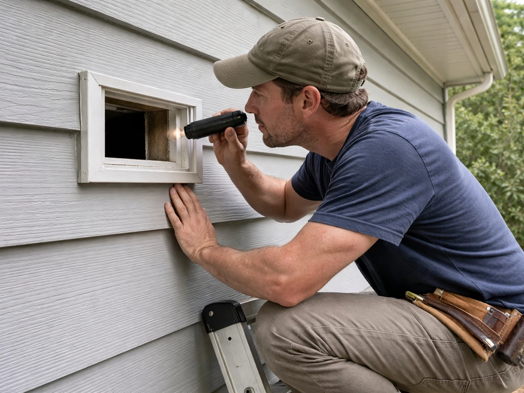 Homeowner kneeling on a ladder inspecting an unsealed wall/vent opening outside a house with a flashlight.