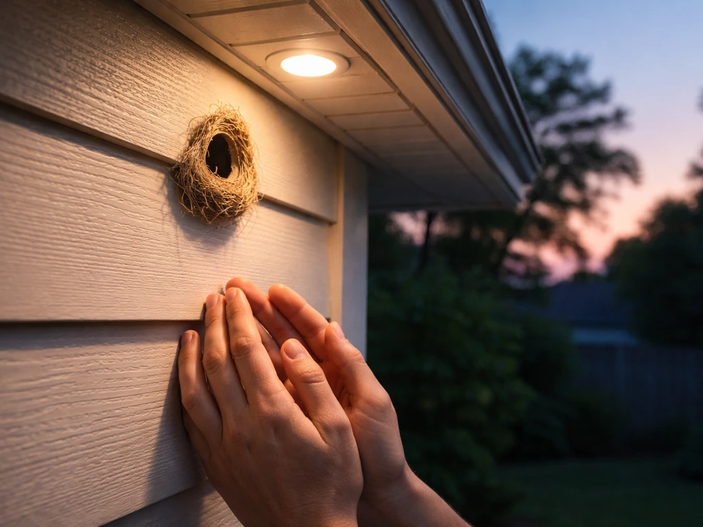 Dawn/dusk view of a bird nest entrance under a house eave, with hands nearby as if listening safely.