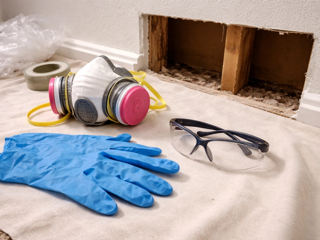 Close-up of an N95/P100 respirator, nitrile gloves, and safety glasses ready for removing a wall cavity nest.