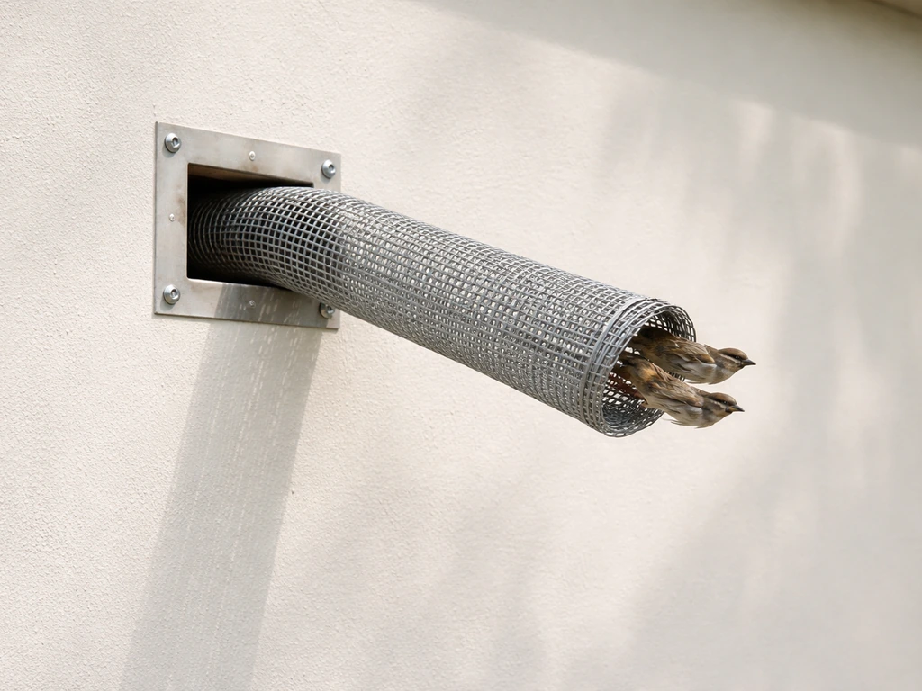 A one-way exclusion tube installed over a wall opening with birds exiting outward.