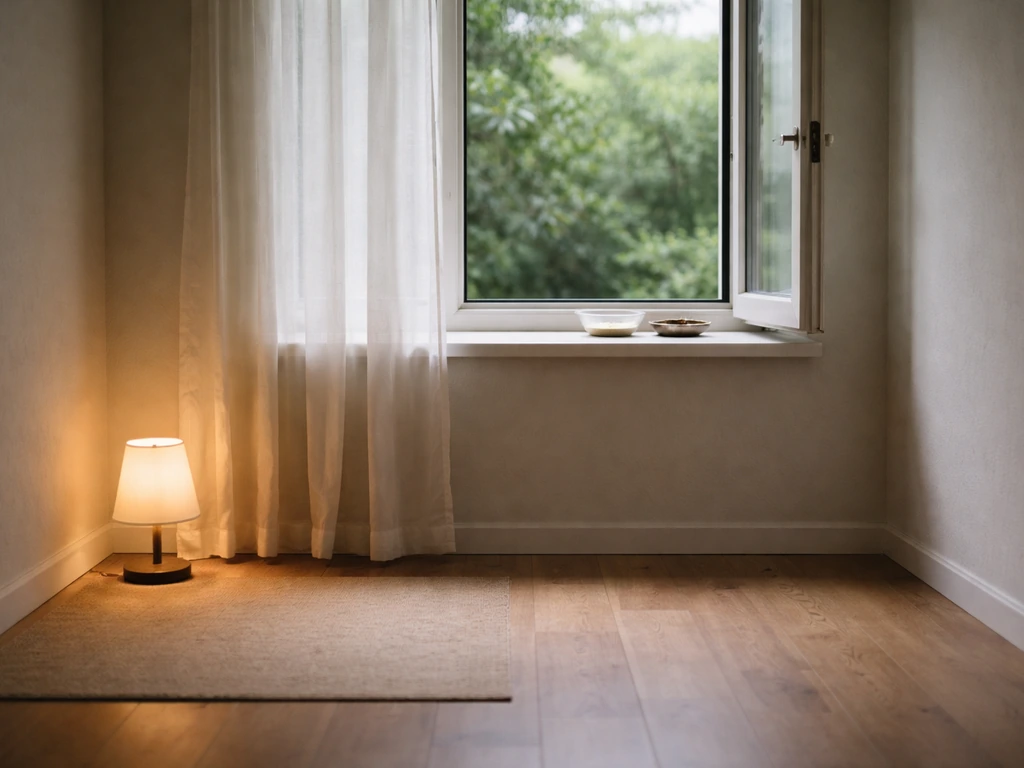 Quiet room with an open window and simple humane setup—water and seed—ready to guide a lost bird out.