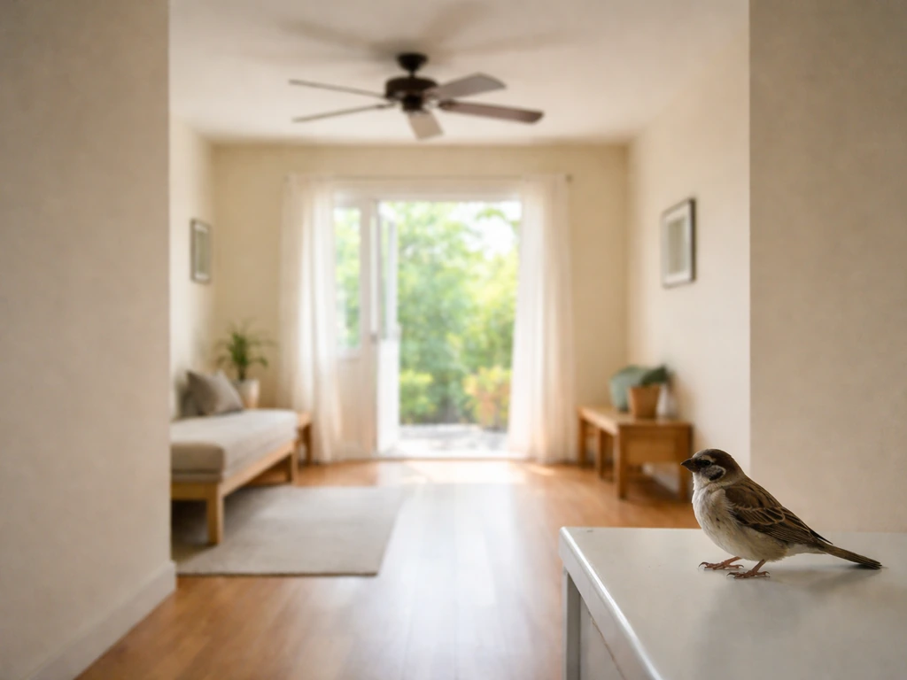 Quiet room with ceiling fan off, doors and windows open for a startled bird to leave safely.