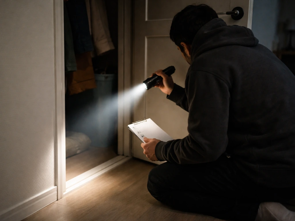 Person systematically searching a quiet room with a flashlight and notepad for hiding spots