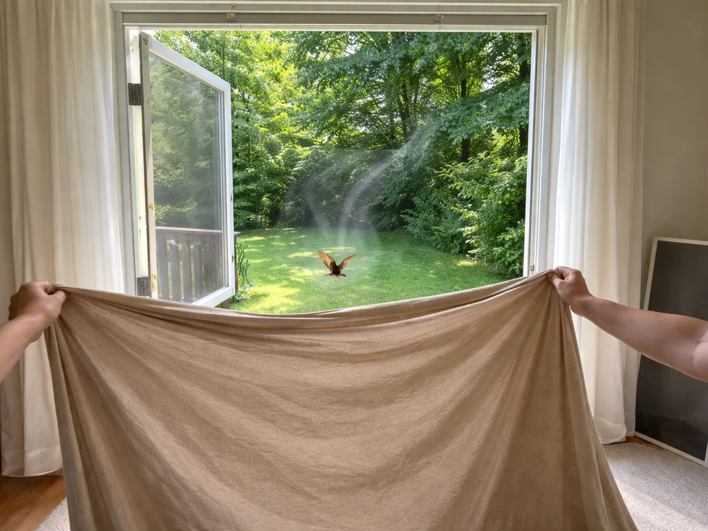 Wide-open window with screen removed and a blanket held open to guide a bird out safely.
