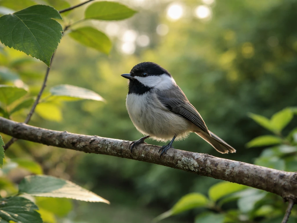 A small backyard bird perched in natural light with clear plumage detail near leaves and branches.