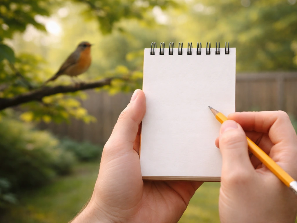 Hand holding a blank notepad while a backyard bird perches nearby in a quiet yard.