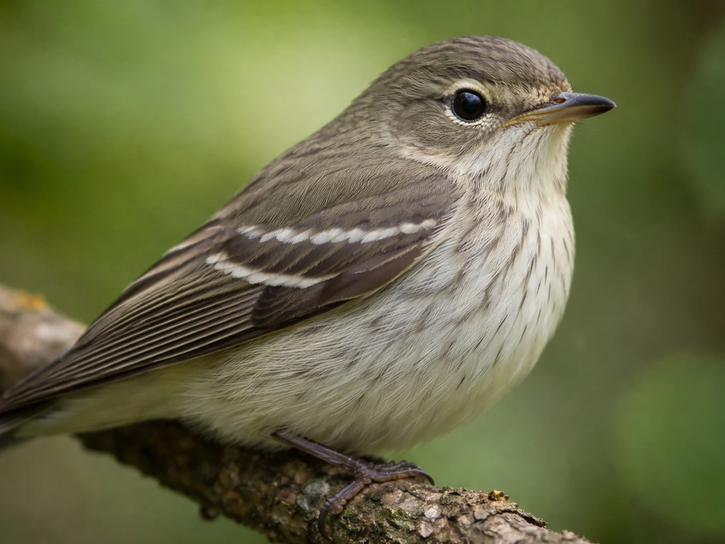 Close-up of a perched bird showing folded wing bars and streaked breast pattern