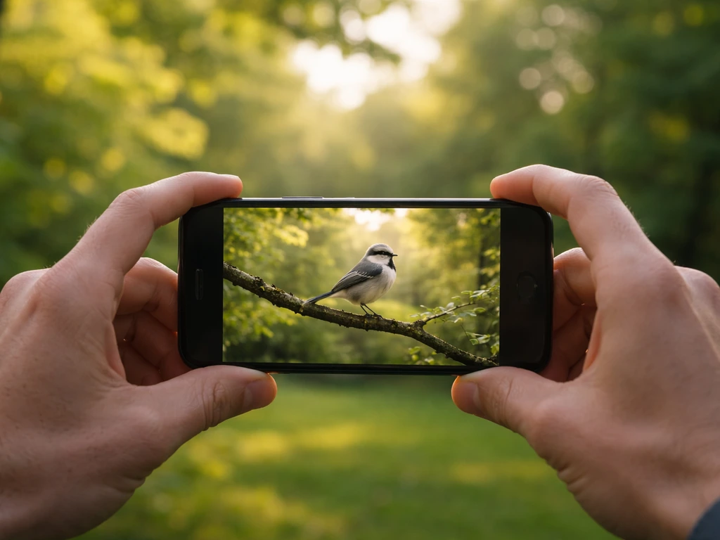 Backyard phone photo setup with sun behind the photographer, framing a small bird for clear ID