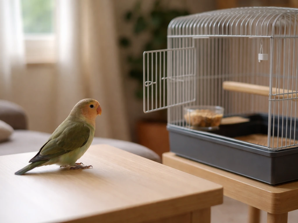 Small pet bird calmly near an open cage door inside a home, suggesting a safe return to its cage.