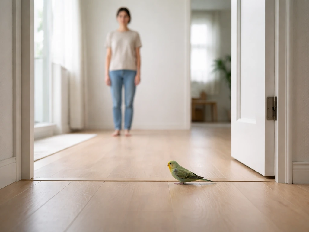 An adult freezes calmly with hands lowered while a small bird rests near an open doorway indoors.