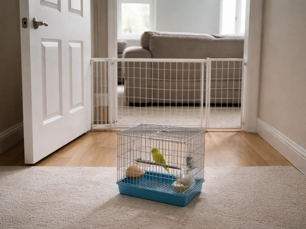 Small bird contained in a quiet room using a closed door and baby gate barriers.