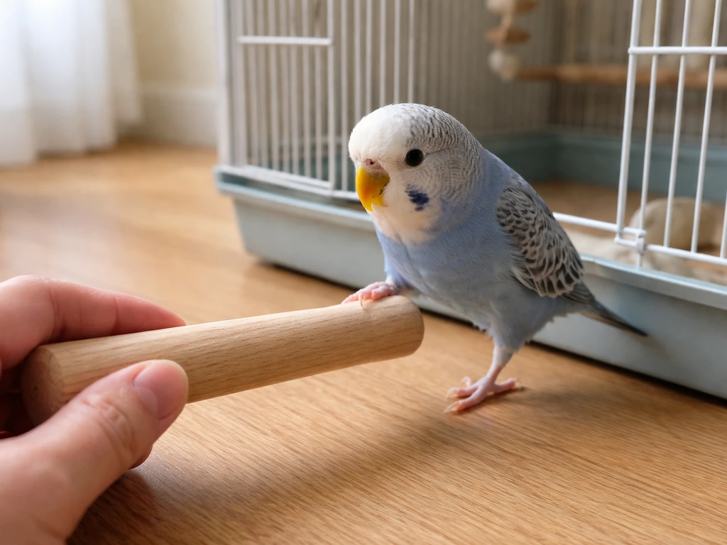 A small pet bird steps onto a low wooden perch held near its feet by the cage.