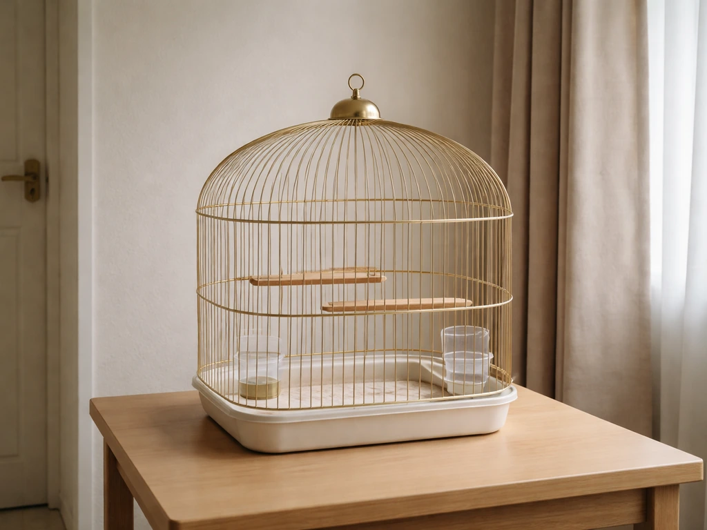 A birdcage placed in a calm indoor corner away from drafts and hallway traffic.