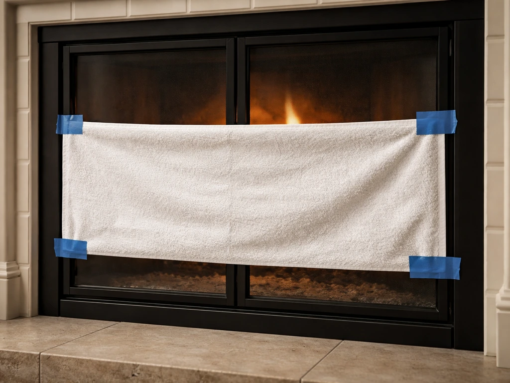 Close-up of a fireplace firebox with glass doors closed and a towel taped over the opening for safety.