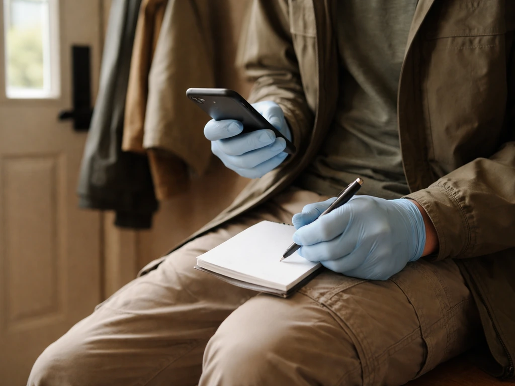 Wildlife rescuer in gloves holds a phone and checklist notes for an injured bird call
