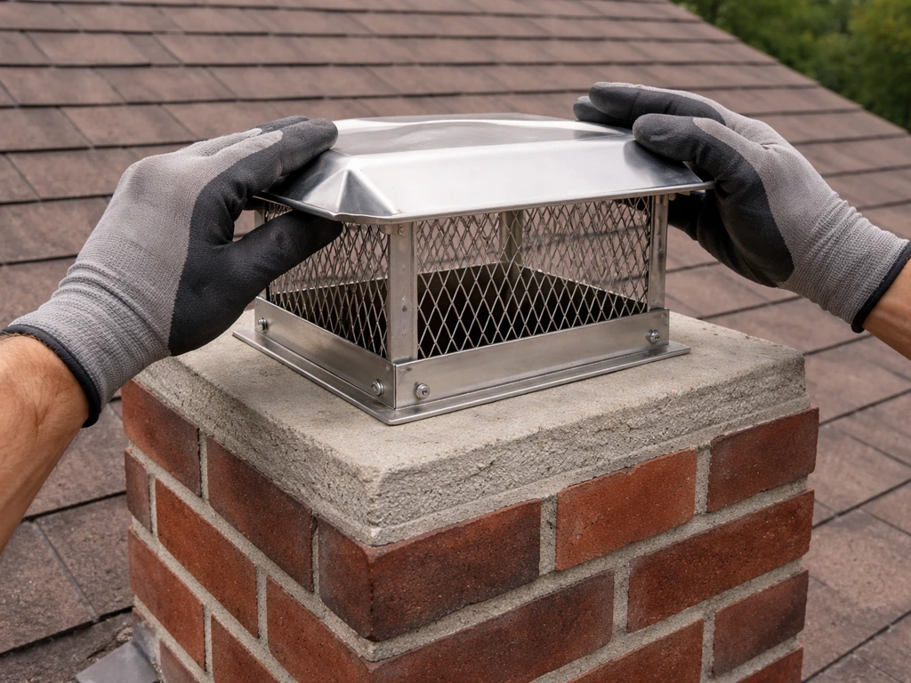 Close-up of hands fitting a mesh chimney cap onto a brick chimney opening.