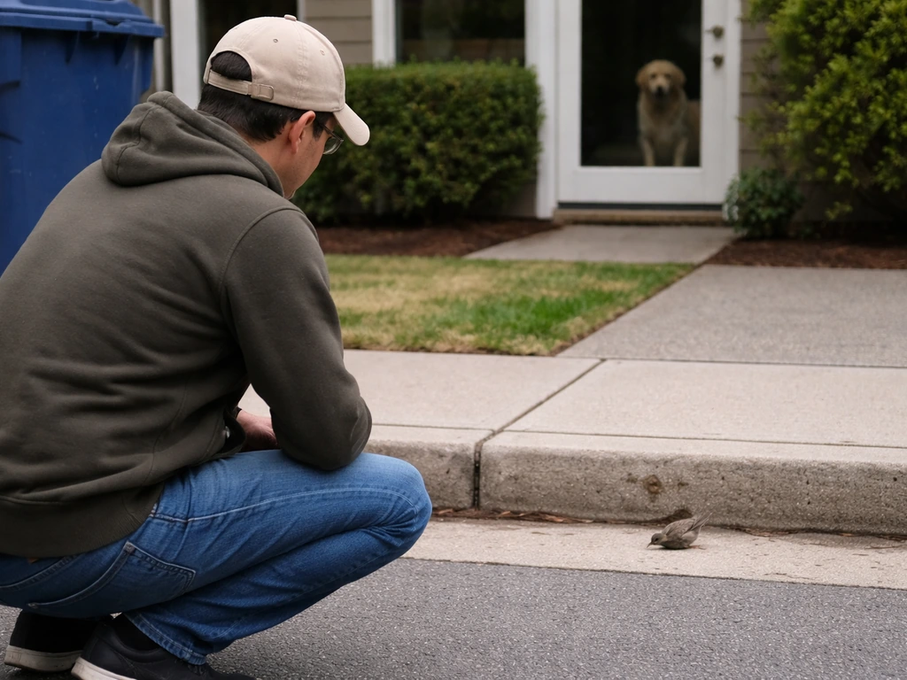 Person keeping distance while checking a small bird in a gutter, with pets indoors in view.