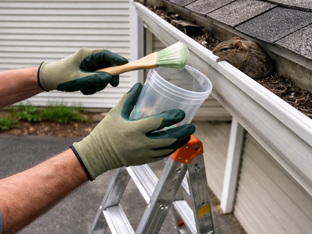 Gloved hands on a ladder gently guiding an animal away from a gutter edge with humane tools.
