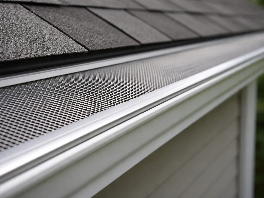 Close-up of a stainless micro-mesh gutter guard covering a gutter opening with no birds inside.
