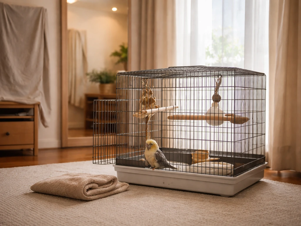 Calm room with covered mirrors and a pet bird cage ready for a scared bird to return safely.