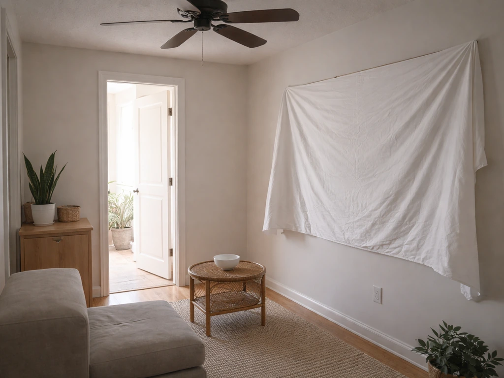 Calm room with ceiling fan off and mirror covered with fabric to prevent bird panic from reflections.