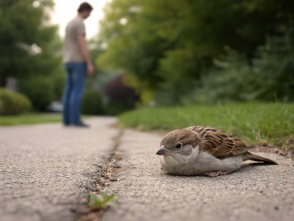 Small scared bird crouched with flattened feathers while a caregiver keeps distance nearby.