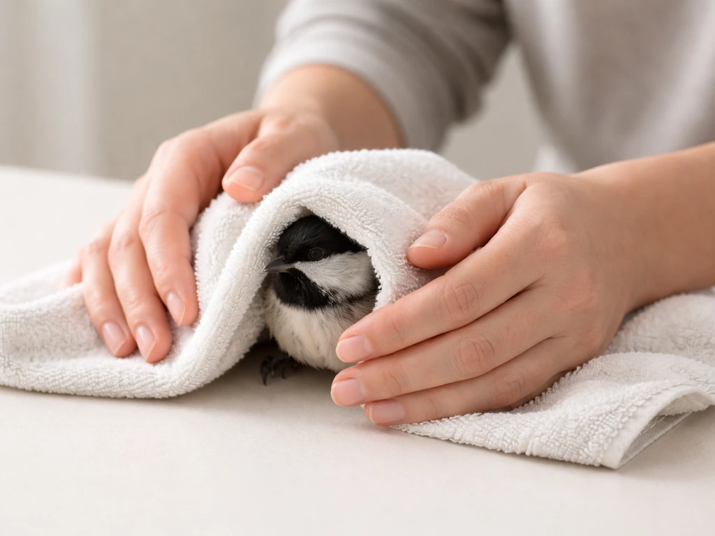 Light-colored towel and careful hands gently capturing a small bird on a plain tabletop.