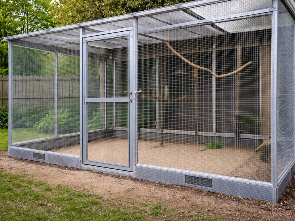 Wide view of a sealed wire-mesh bird aviary with covered vents and a clean, mouse-proofed base perimeter.