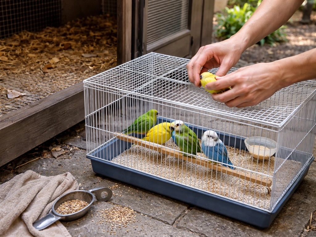 Birds moved to a clean holding cage while a person checks the aviary for mouse droppings and nesting.