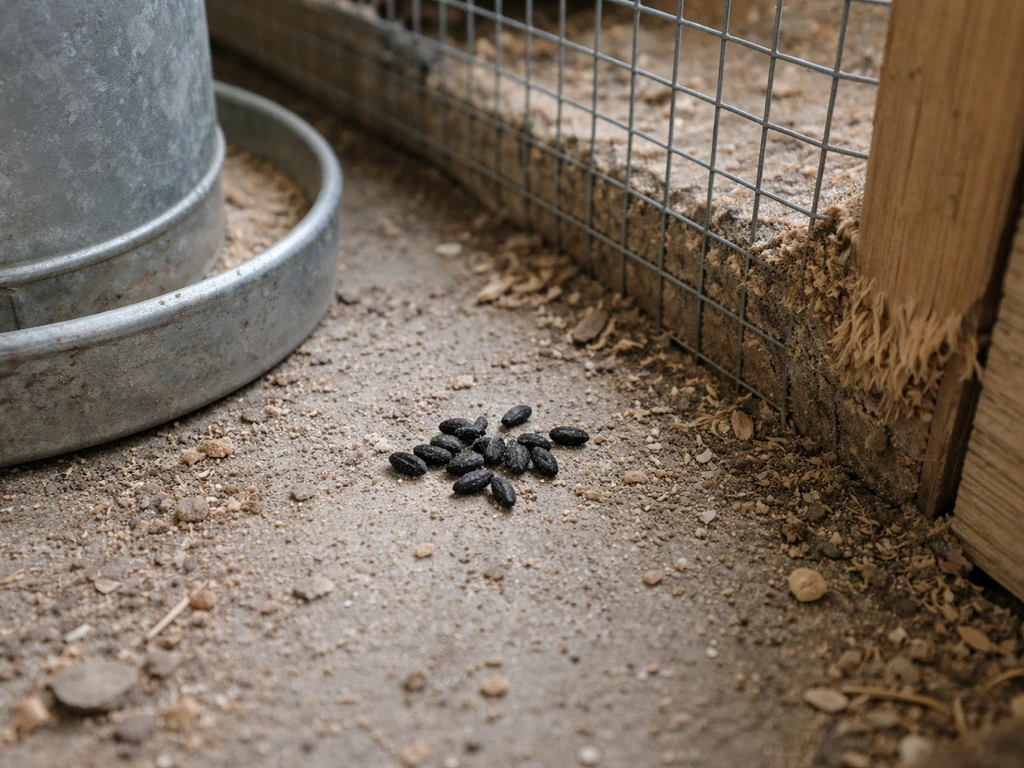 Close-up of small dark mouse droppings by a feeder/nesting box with gnawed wire and wood marks.