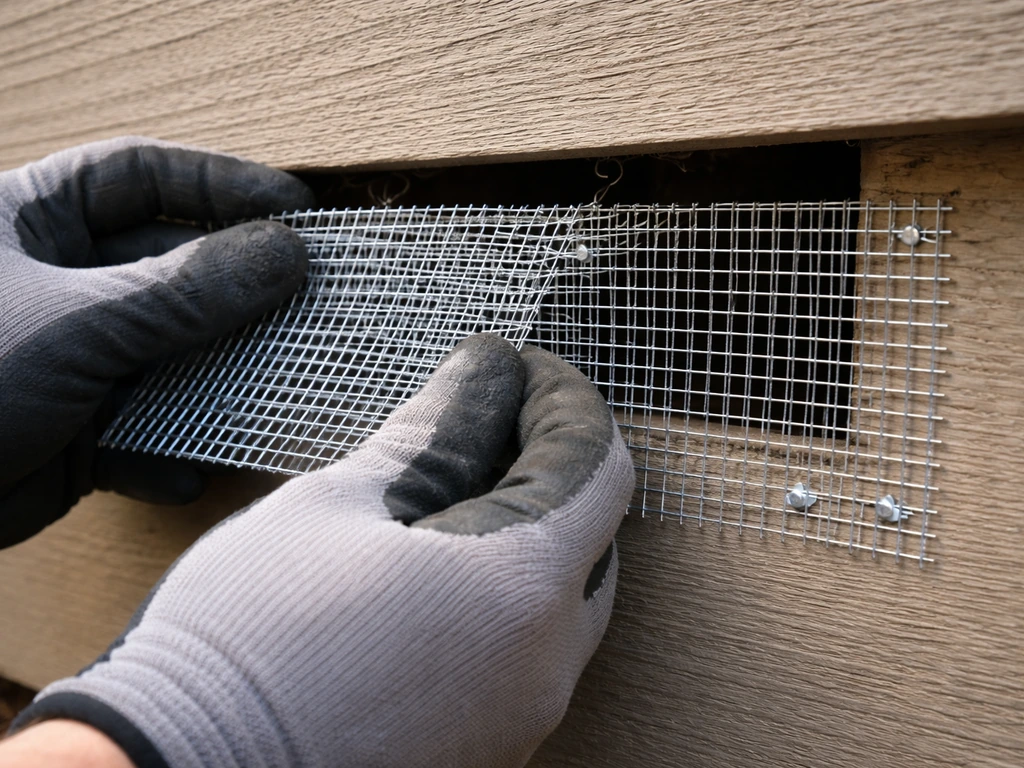 Close-up of hardware cloth being overlapped and fastened with staples along a seam to block entry points