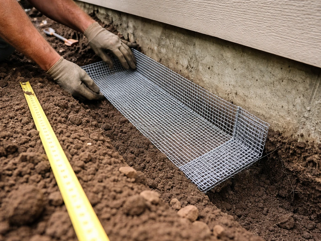 Hands laying an L-shaped hardware cloth apron in a trench along a concrete foundation to stop burrowing.